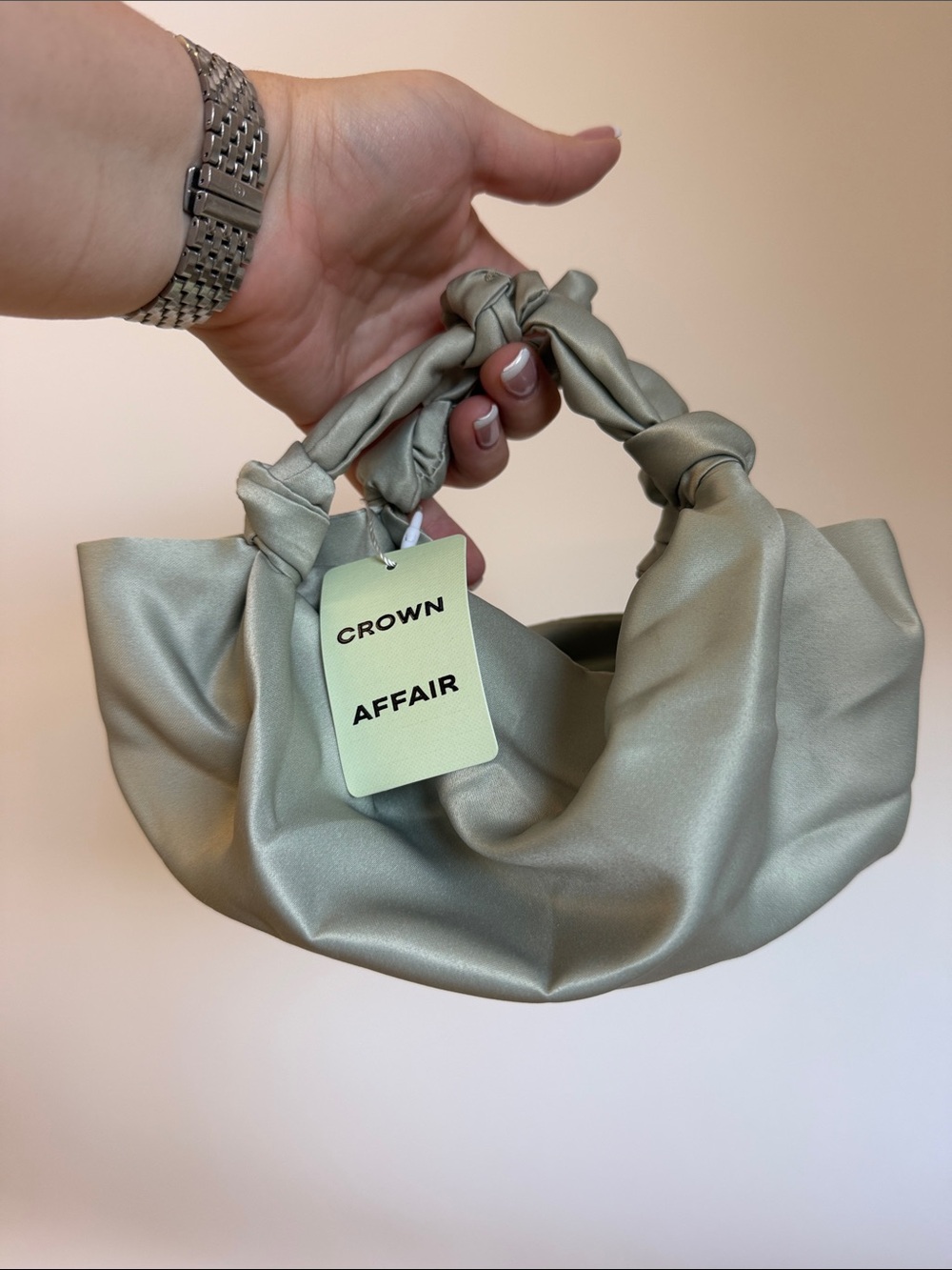 Crown Affair Sage Green Satin Mini Knot Bag NWT